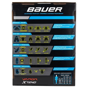 Bauer XTend Youth Starter Kit packaging with adjustable youth hockey gear diagram.