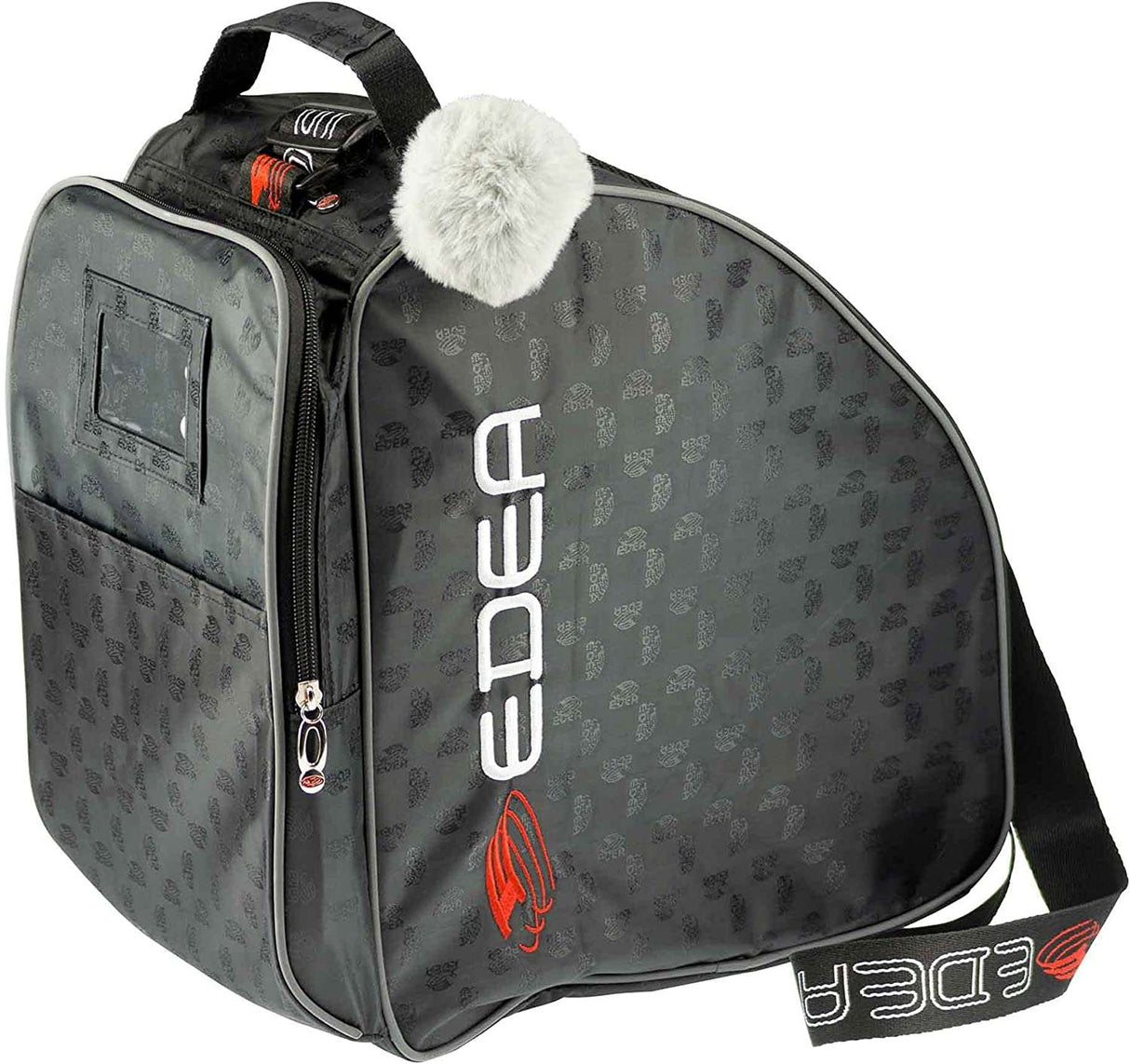 Edea Jaquard Skate Bag with Italian design, durable polyester, detachable furry pom-pom, adjustable strap, and ventilation inserts.