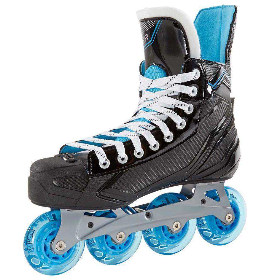 Bauer RSX Senior Inline Hockey Skates with blue wheels and injected weave quarter panel for flexibility and support.