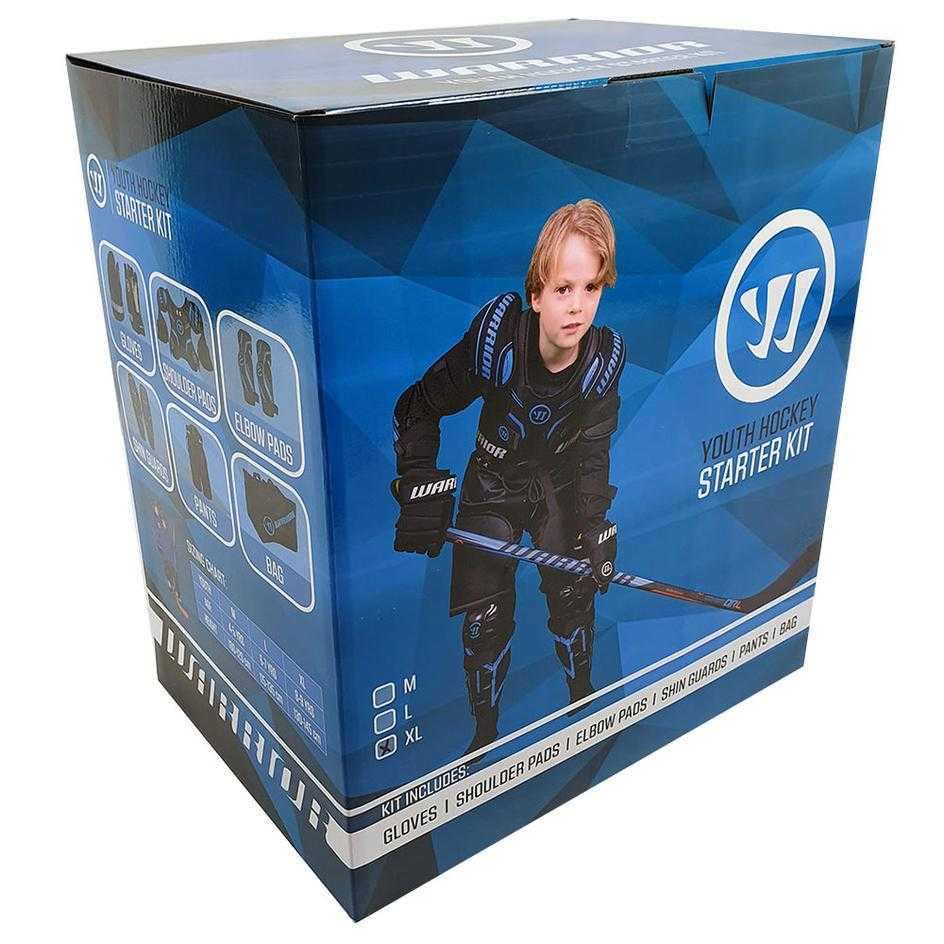 Warrior Youth Hockey Starter Kit packaging with gloves, shoulder pads, elbow pads, shin guards, pants, and carry bag for ages 4-9.