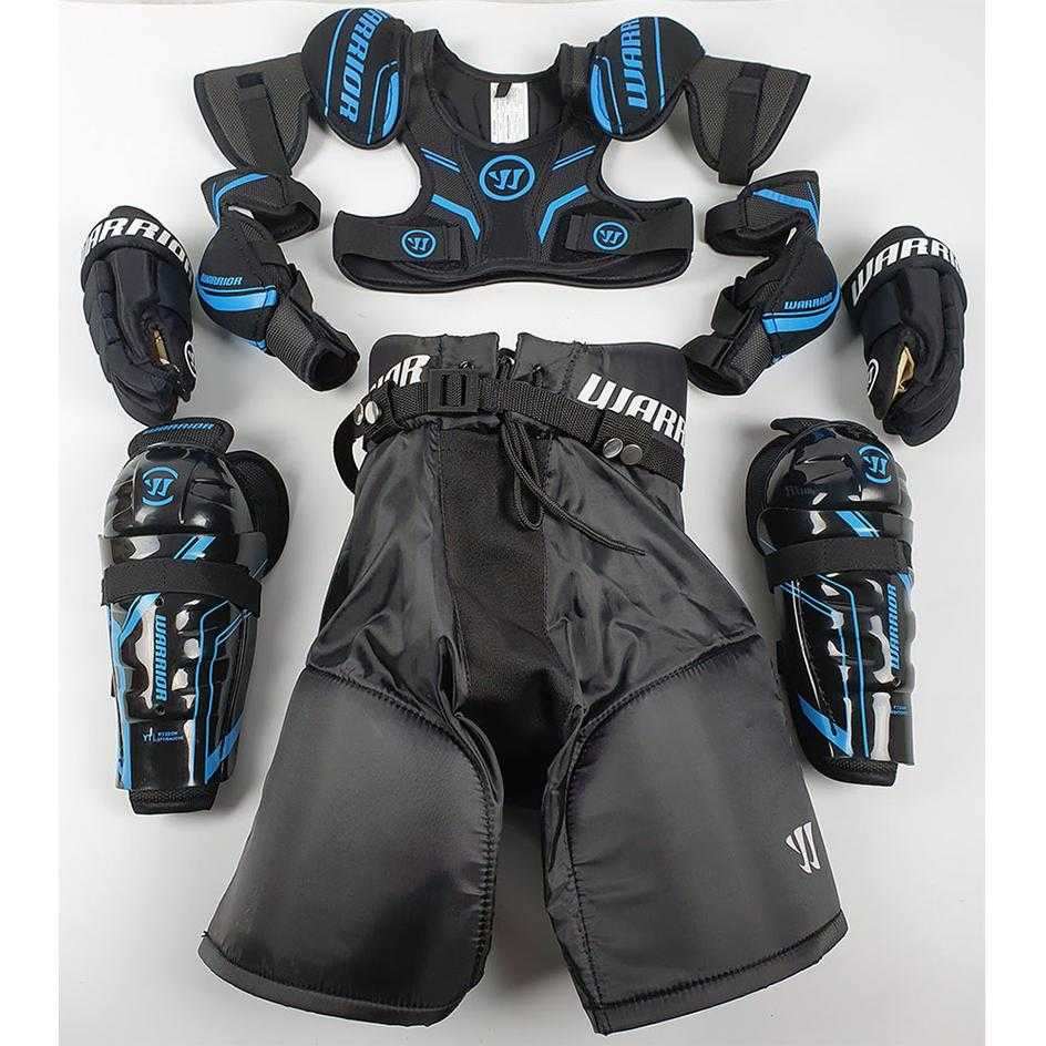 Warrior Youth Hockey Starter Kit with gloves, shoulder pads, elbow pads, shin guards, pants, and carry bag for ages 4-9, height 100-145cm.