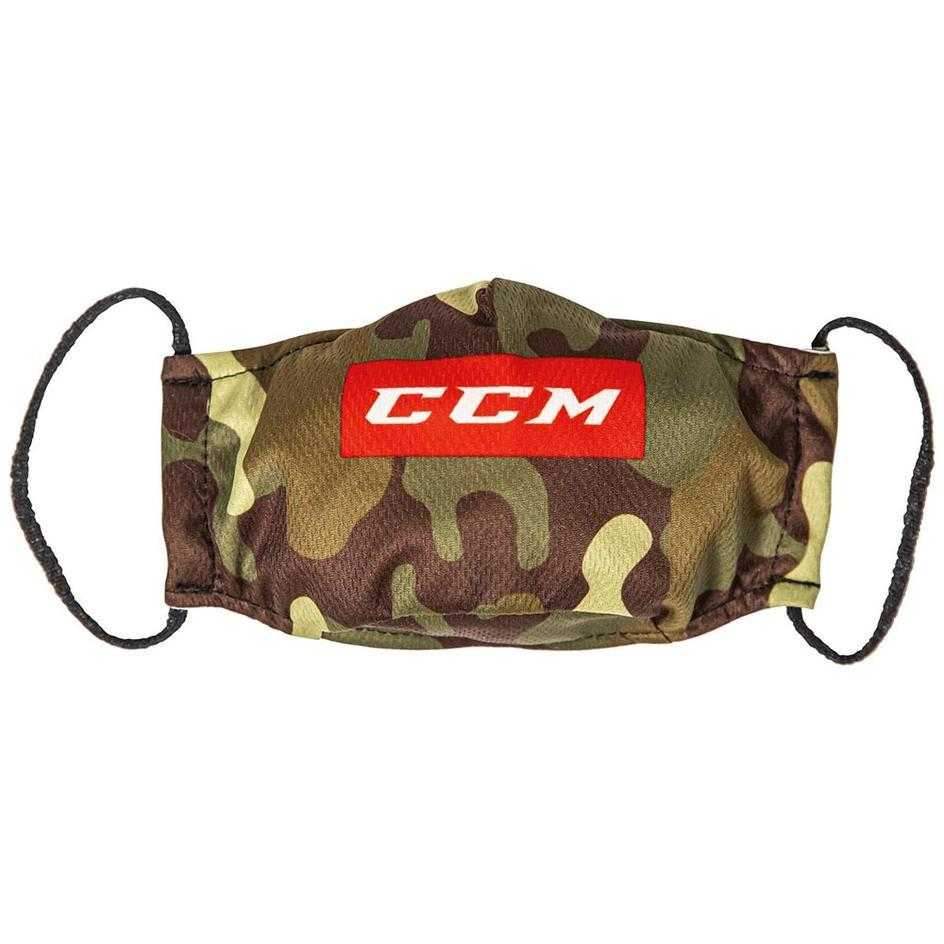 CCM Outprotect Face Mask with camo design, dual-layered polyester, filter sleeve.