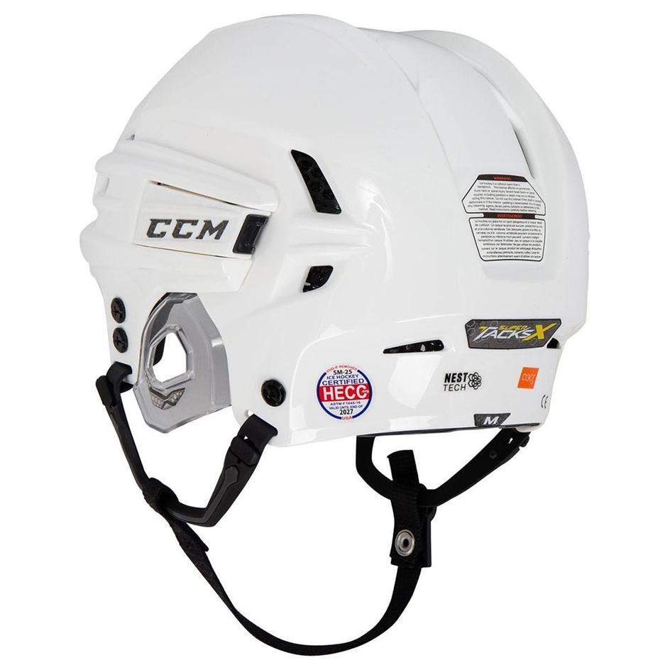 CCM Super Tacks X Hockey Helmet with NEST Tech, white, side view.