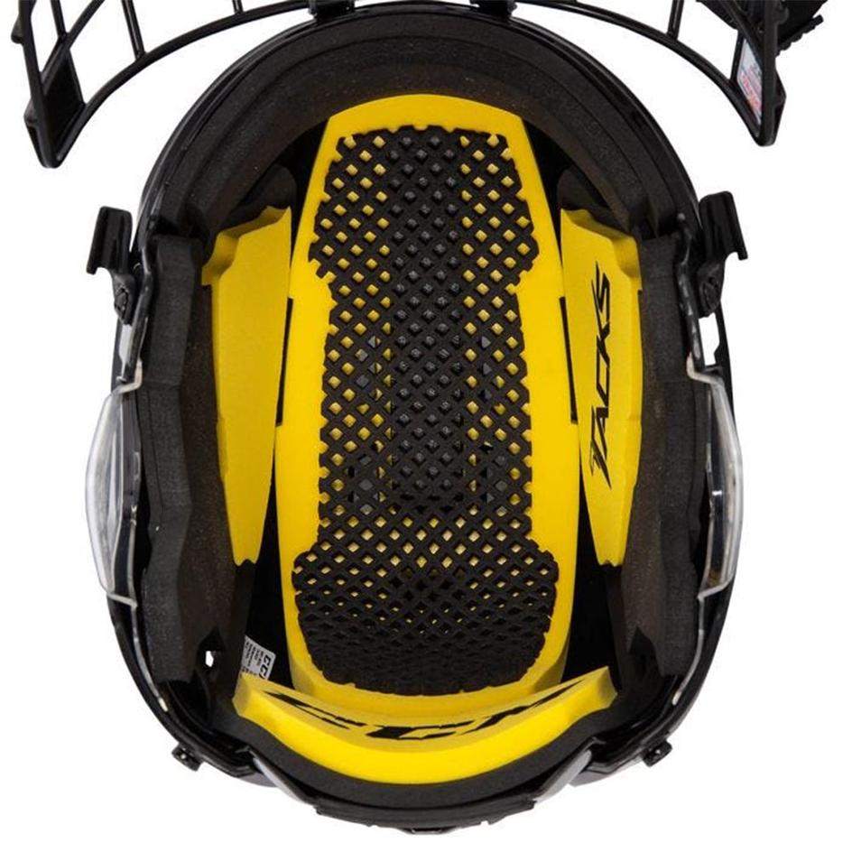 Inside view of CCM 210 Helmet/Combo showing dual-layer foam liner and adjustable fit system.