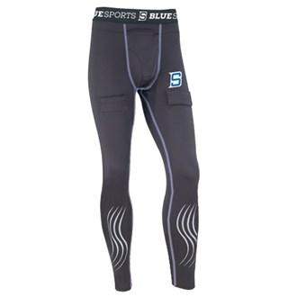 Blue sport compression pant with cup, moisture-wicking, breathable mesh, silicone grip, velcro tabs.