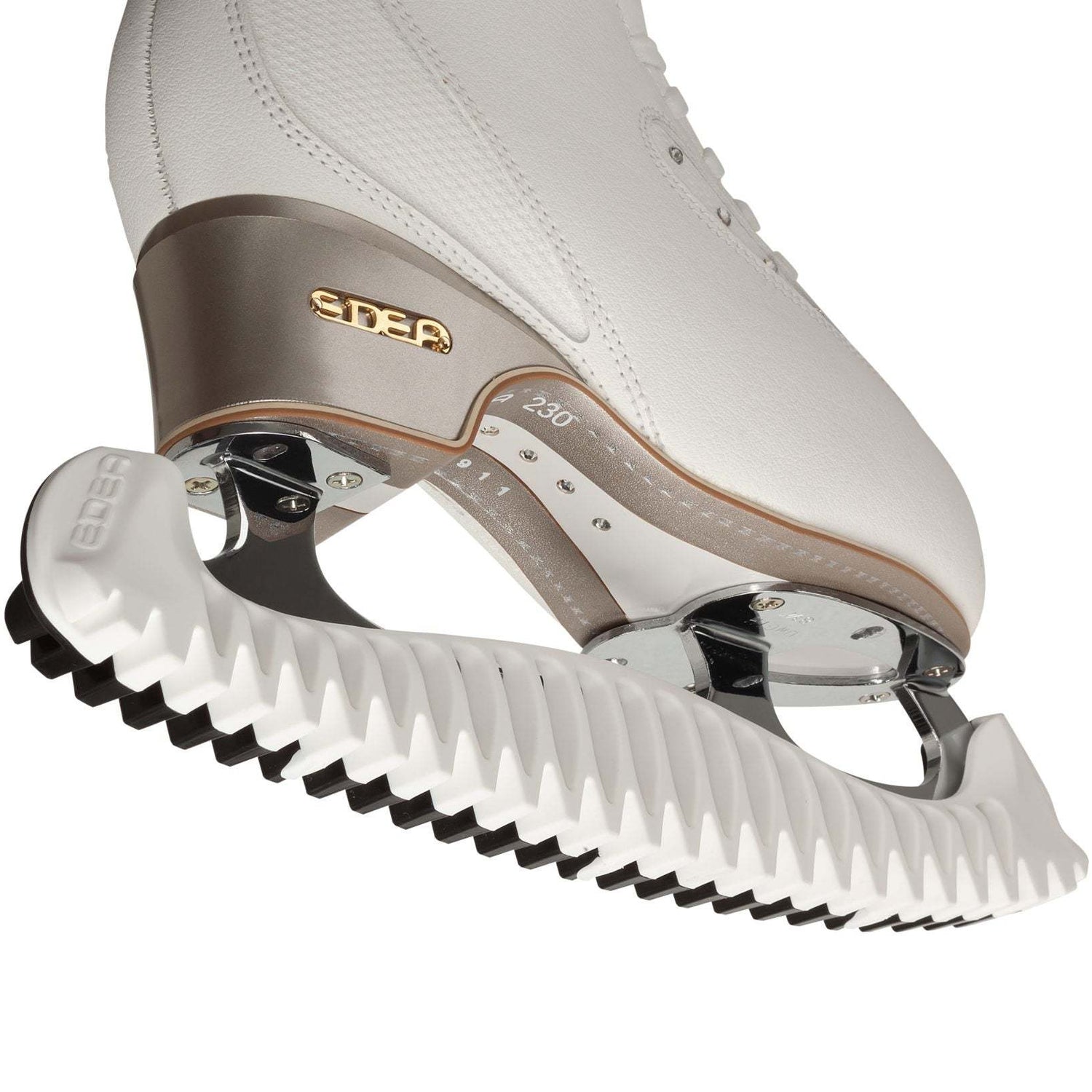 Edea E Guards on ice skate blade for protection and drainage.