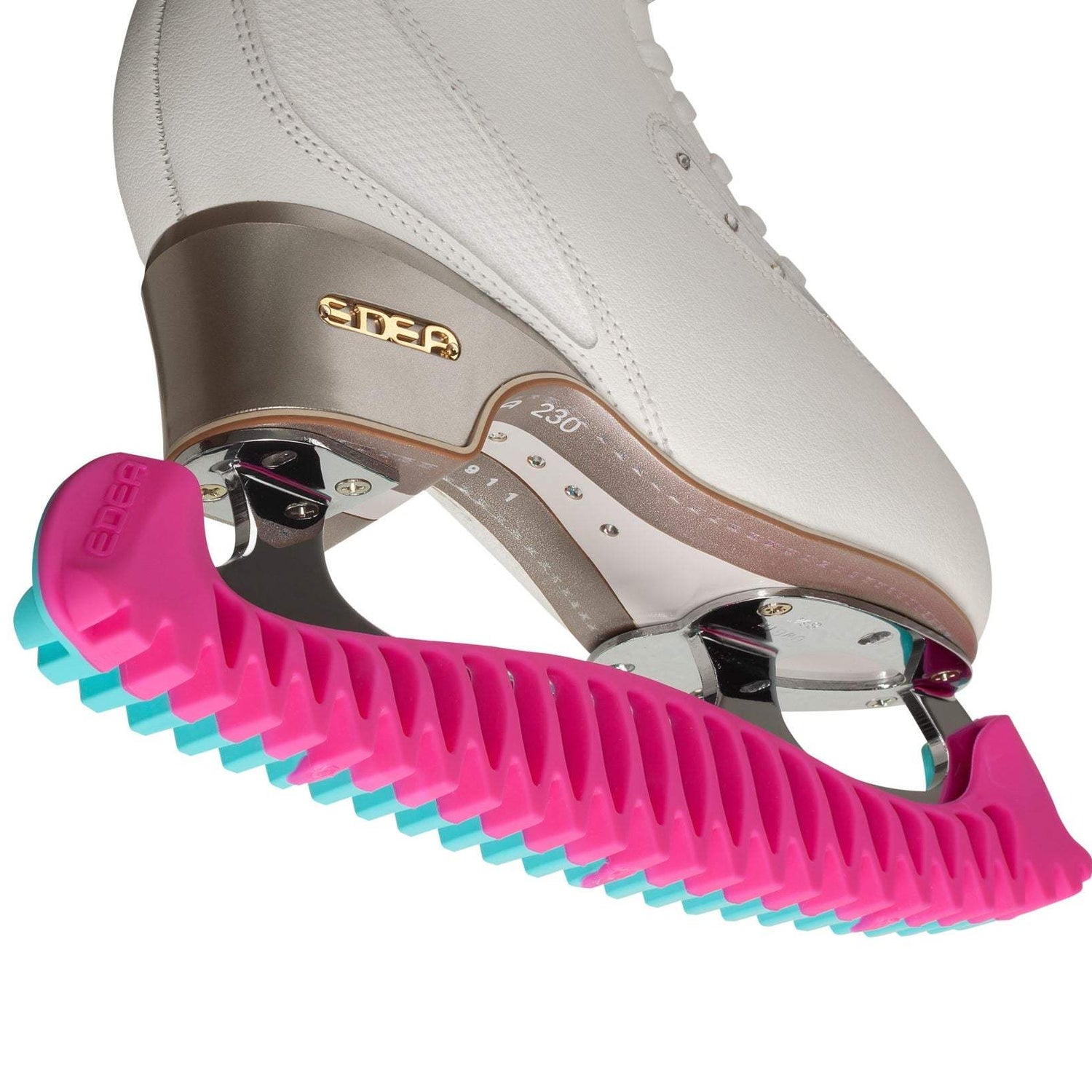 Edea E Guards skate blade protector with pink and blue rubberized grip.
