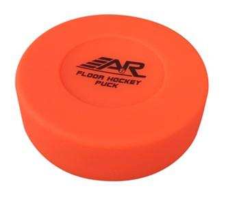 Bright orange A&R floor hockey puck for indoor use.