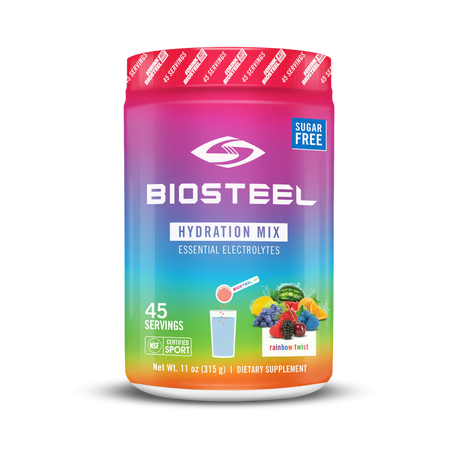 BioSteel Sports Hydration Mix Tub, sugar-free, essential electrolytes, rainbow twist flavor, 45 servings.