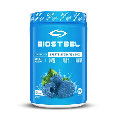 BioSteel Sports Hydration Mix Tub in blue packaging with natural ingredients, sugar-free, amino acids, and vitamin blend.