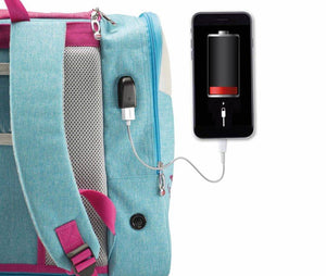 Edea Libra Skate Backpack with built-in USB charging port and phone display.