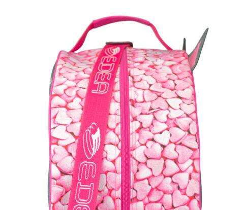 Edea Kitten Skate Bag in pink with heart design, featuring durable polyester, adjustable strap, and extra storage pockets.