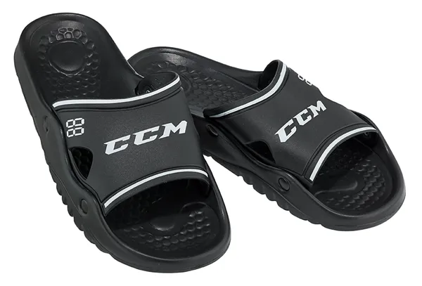 Black CCM Shower Sliders with white logo and textured sole.