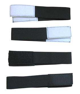 Shin guard straps with Velcro closure in different sizes and colors.
