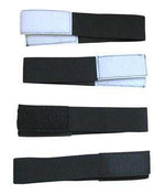 Shin guard straps with Velcro closure in different sizes and colors.