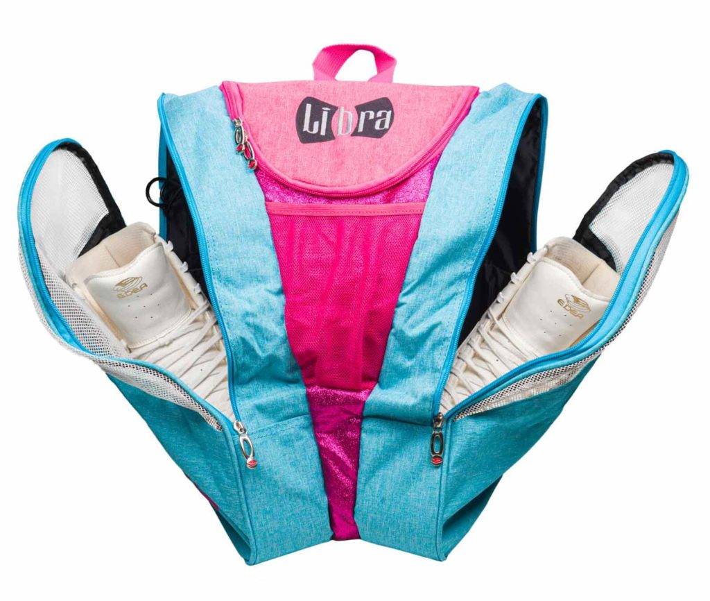 Edea Libra Skate Backpack with open compartments revealing skates, in blue and pink colors.