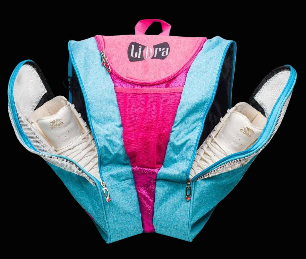 Edea Libra Skate Backpack with open compartments revealing skates, in blue and pink colors.
