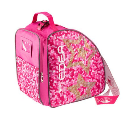 Edea Stella Skate Bag in pink with crystal star design, durable polyester, adjustable strap.