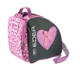 Edea Sweet Skate Bag with pink love heart design and ribbon, featuring durable polyester material and multiple storage pockets.