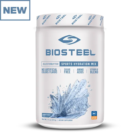 BioSteel Sports Hydration Mix Tub with electrolytes, sugar-free formula, and vitamin blend.