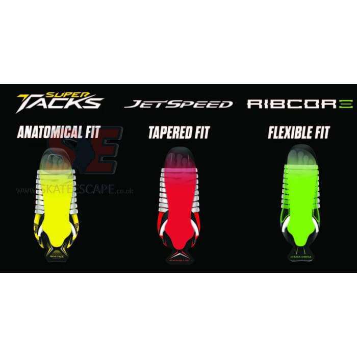 CCM RibCor 68K Senior Ice Hockey Skate fit comparison chart showing Super Tacks, JetSpeed, and RibCor models.