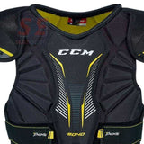 CCM Tacks 9040 shoulder pads with JDP caps and custom bicep adjustment for superior protection.