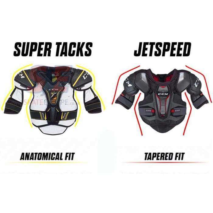 CCM Tacks 9040 Shoulder Pads with anatomical fit next to Jetspeed pads with tapered fit.