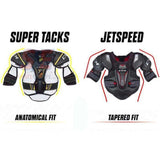 CCM Tacks 9040 Shoulder Pads with anatomical fit next to Jetspeed pads with tapered fit.