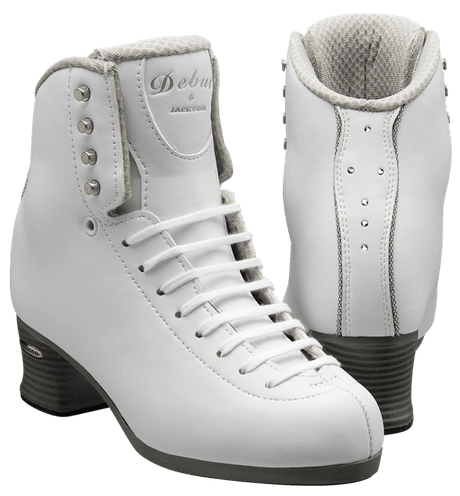 Jackson Debut FS2450 White figure skates with firm support, Swarovski crystals, and non-slip sole.