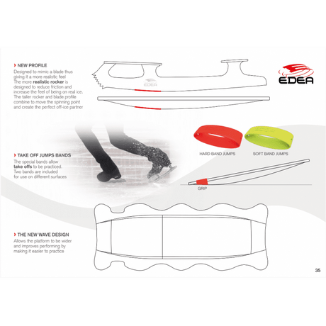 Edea E-Spinner with improved rocker and axis for realistic spins, ideal for skaters to practice off-ice; includes two jump bands.