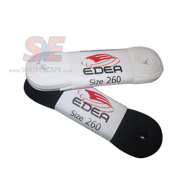 Edea figure skate laces in white and black, size 260, flat tubular polyester for durability.