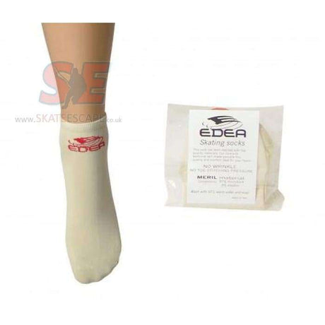 Edea Skate Socks in Ivory, seamless design for skaters, prevents blisters, absorbs moisture, available in various sizes.