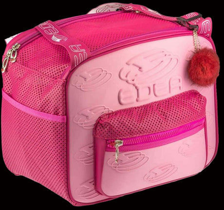 Edea Cube Skate Bag in pink with embossed rigid polyester panels and soft, ventilated polyester pockets.