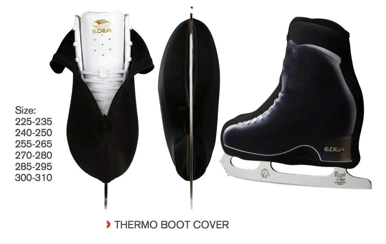 Edea Thermo Boot Covers in black, featuring front zipper and Velcro inserts, available in multiple sizes.