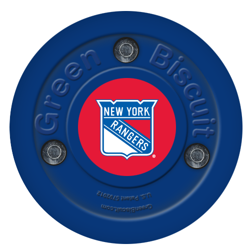 Green Biscuit NHL off-ice training hockey puck with New York Rangers logo.