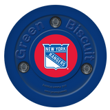 Green Biscuit NHL off-ice training hockey puck with New York Rangers logo.