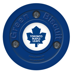 Blue Green Biscuit NHL training puck with Toronto Maple Leafs logo for off-ice stick handling and passing skills.