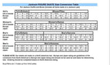 Jackson figure skate size conversion table for girls, women's, boys, and men's sizes in US, Canada, Europe, and Japan.