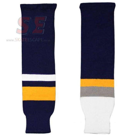 Knitted Hockey Socks - Buffalo Sabres design, made from 100% polyester, featuring elasticized ankle hold pads.