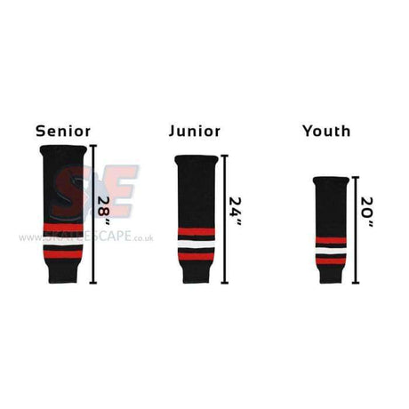 Knitted hockey socks in black with red and white stripes, available in senior, junior, and youth sizes.