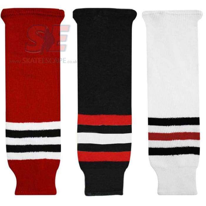 Knitted Hockey Socks in Chicago Blackhawks colors with elasticized ankles.