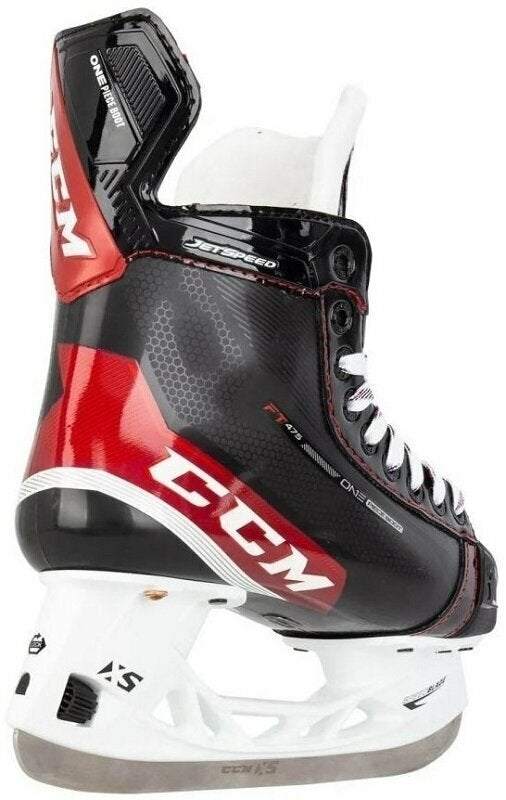 CCM Jetspeed FT475 Ice Hockey Skates, black and red design, featuring One Piece Boot and Speedblade XS.