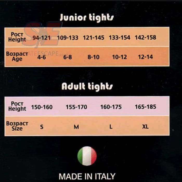 Primavera Footed Skating Tights size chart for juniors and adults, made in Italy.