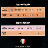 Primavera Footed Skating Tights size chart for juniors and adults, made in Italy.