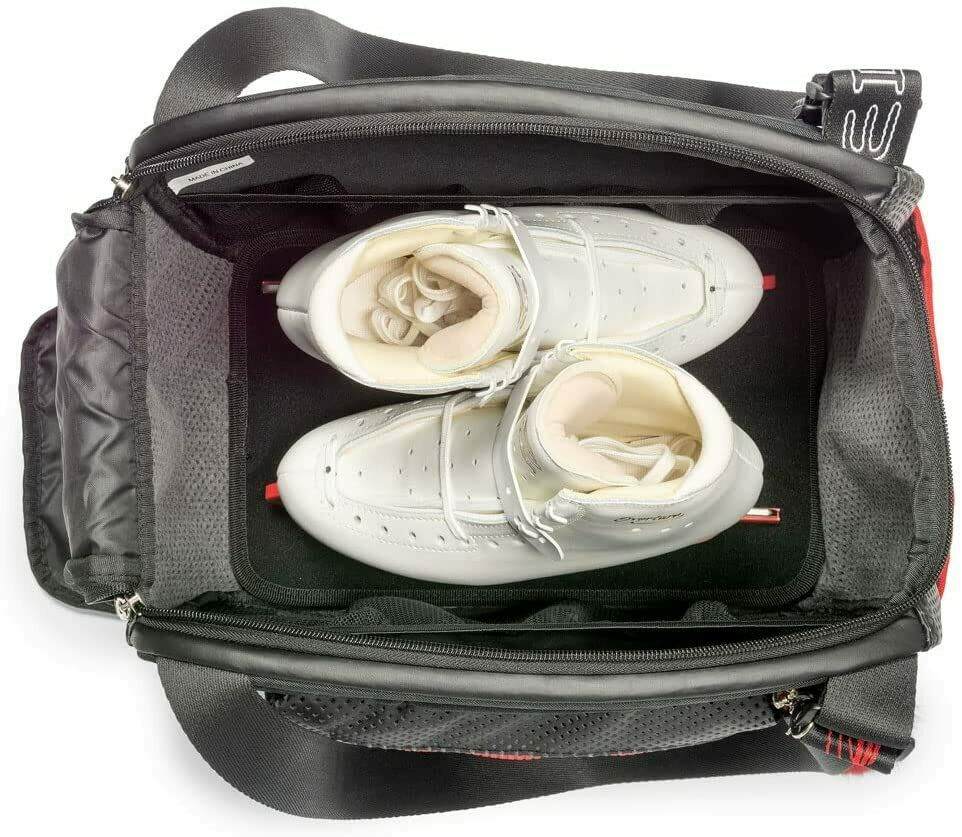 Edea Cube Skate Bag with skates inside, showing large opening and mesh pockets.