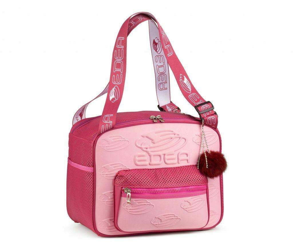 Edea Cube Skate Bag in pink with embossed design and adjustable handles.