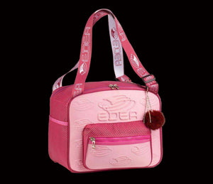 Edea Cube Skate Bag in pink with embossed design and adjustable handles.