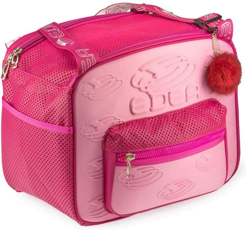 Edea Cube Skate Bag in pink with embossed rigid polyester panels and soft, ventilated polyester pockets.