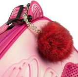 Edea Cube Skate Bag with red pom-pom detail and pink embossed polyester design.