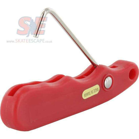 Red skate lace puller tool for tightening skates.